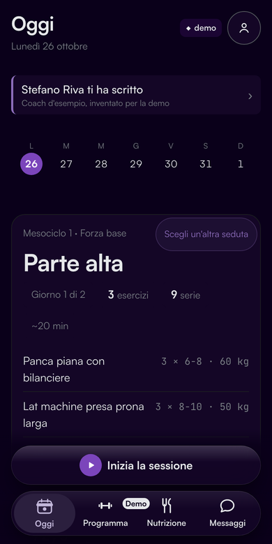 App atleta: la seduta di oggi sul telefono, con il messaggio del coach